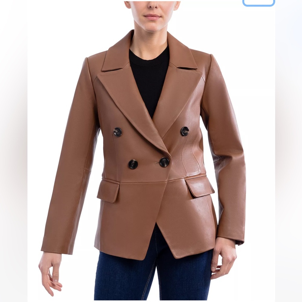 Women's Leather Double-Breasted Blazer Coat- Small